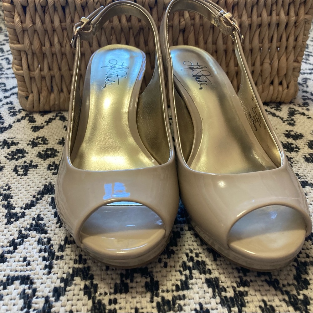 Life Stride Nude Patent Peep-Toe Slingback Heels